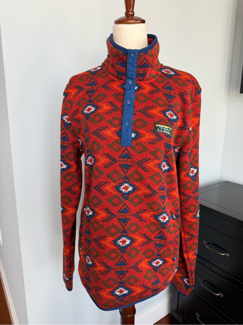 L.L. Bean Red Geometric Snap-Placket Turtleneck Sweater with Blue Trim